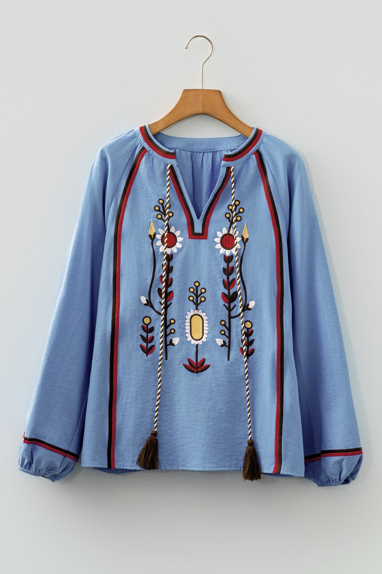 Floral Embroidered Tassel-Tie Puff Sleeve Blouse