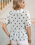 Polka Dot Collared Lace-Up Peplum Top