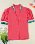 Colorblock Trim V-Neck Short Sleeve Blouse