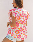 Floral Ricrac Trim  Ruffle Sleeve Blouse