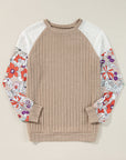 Floral Ribbed Patchwork Long Sleeve Blouse