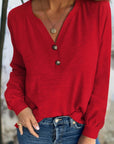 Solid V-Neck Button Long Sleeve Top