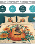 Boho Dolly Guitar Design 3-Piece Bedding Set (1 Duvet Cover + 2 Pillow Shams) – 102"×90"