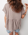 Stripe Buttoned V-Neck Short Sleeve T-Shirt