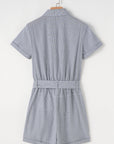 Stripe Chest Pockets Buttoned Collar Belted Romper
