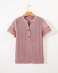 Eyelet Textured Half-Button Short Sleeve Blouse