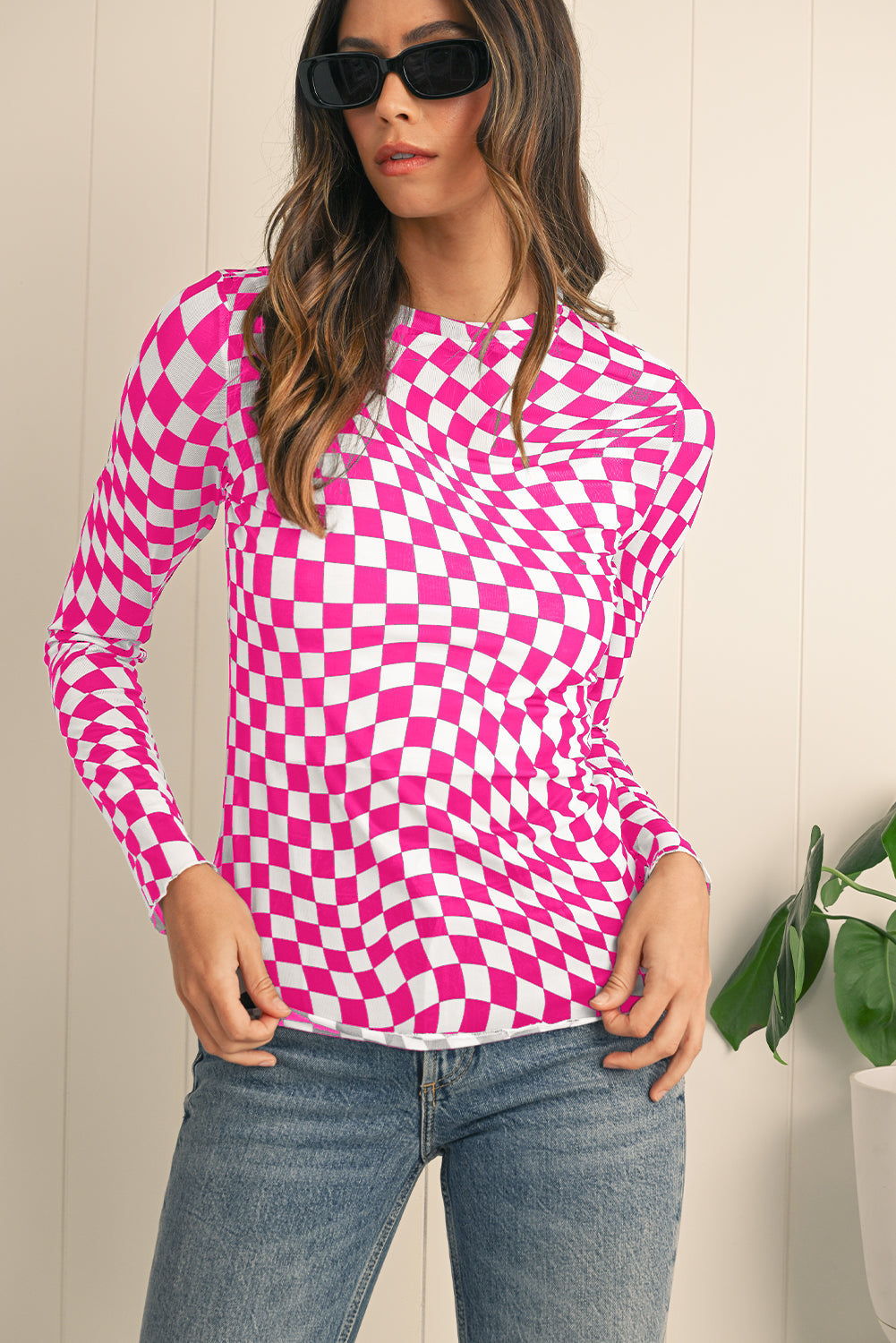 Checkered Pattern Mesh Long Sleeve Top