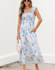 Floral Ruffle Sleeve Smocked High Waist Dress