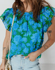 Floral Ruffle Sleeve Keyhole Back Blouse