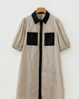 Stripe Patchwork Chest Pocket Mini Shirt Dress