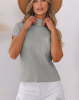 Solid Ribbed Knit Patch Pocket Short Sleeve Sweater