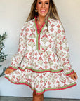 Floral Contrast Trim Frilled Neck Dress