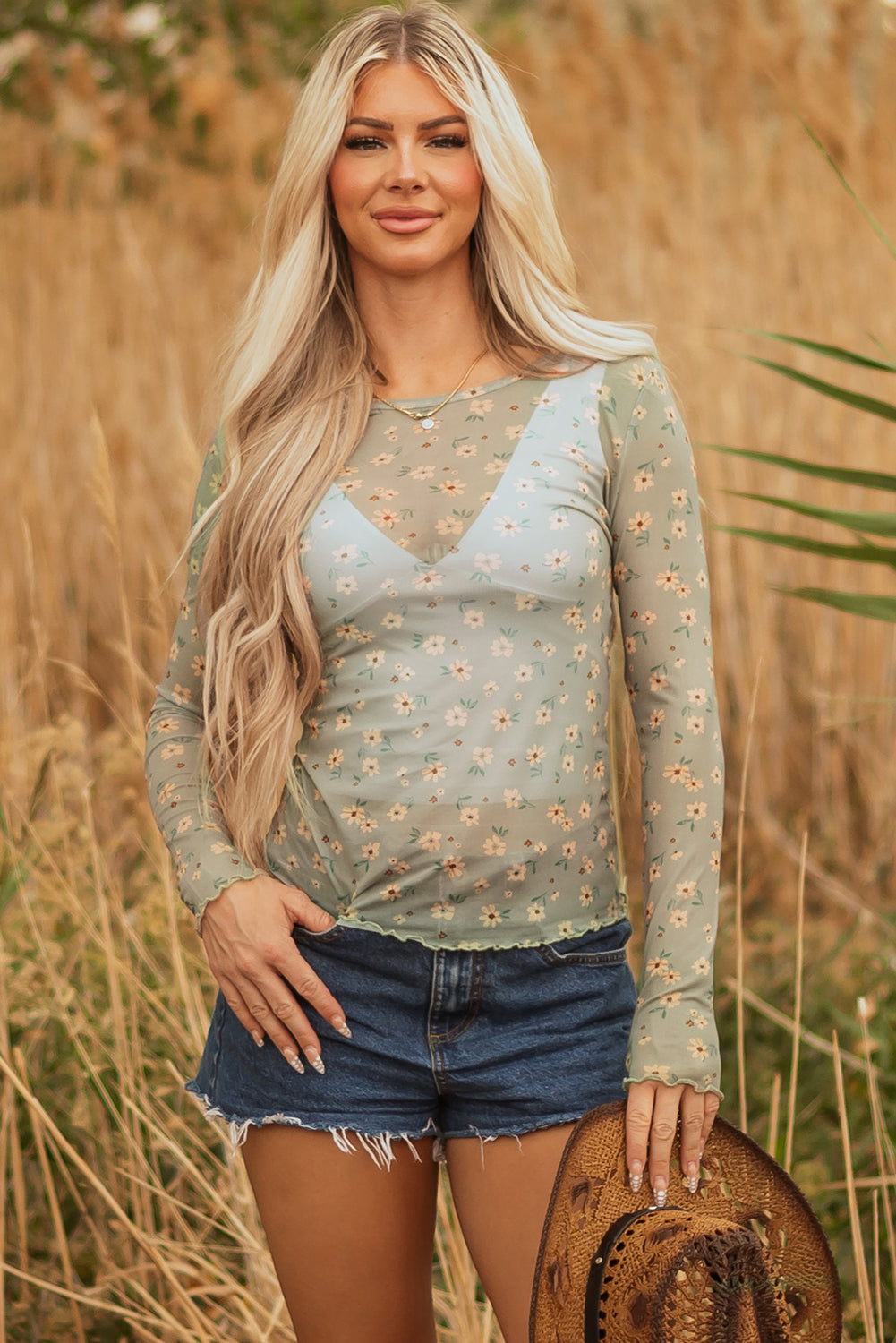Amber Vintage Floral Mesh Long Sleeve Top