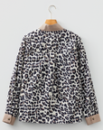 Leopard Button-Collar Contrast Patchwork Cuff Top