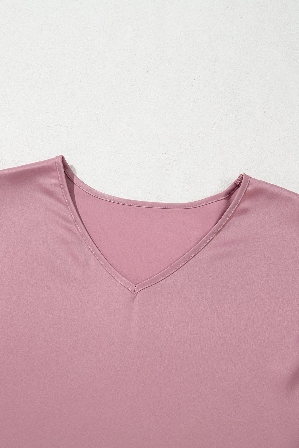 Solid Satin Ruffle Short Sleeve V-Neck Top