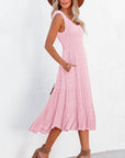 Shirred Pleated Square Neck Sleeveless Midi Dress
