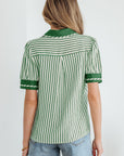Stripe Collared V-Neck Bubble Sleeve Blouse