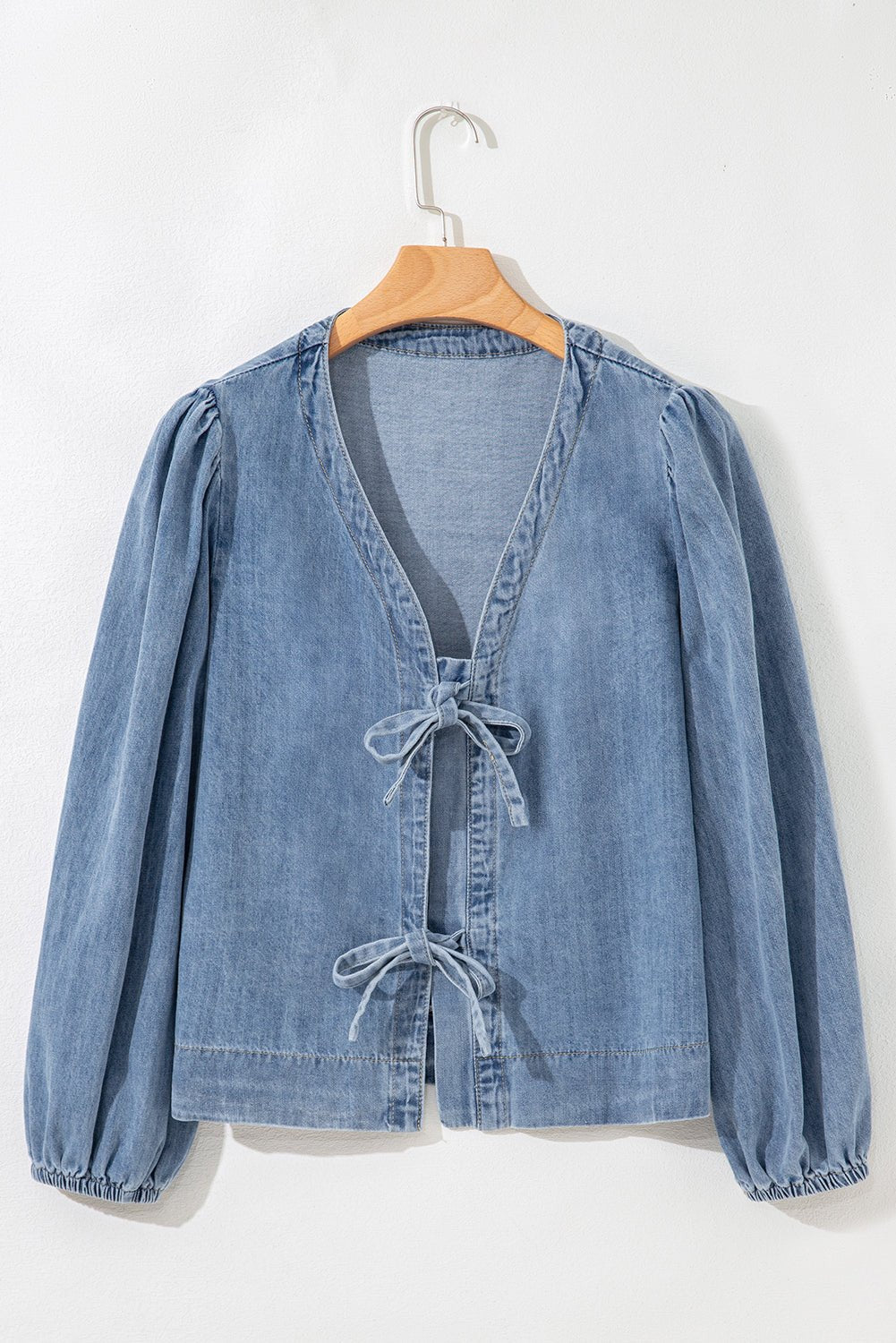 Oakley Tied Front Long Puff Sleeve Denim Top
