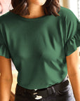 Solid Ribbed Knit Ruffle Short Sleeve T-Shirt