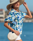 Floral Puff Sleeve V-Neck Short Blouse