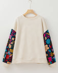 White Floral Patchwork Sleeve Textured Plus Size Pullover Top