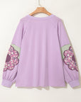 Plus Size Floral Patch Colorblock Long Sleeve Top
