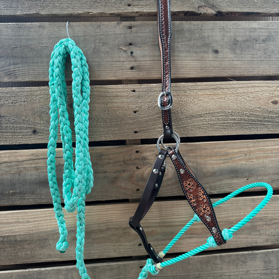 Seafoam Flower Power Tooled Lariat &amp; Leather Combo Halter