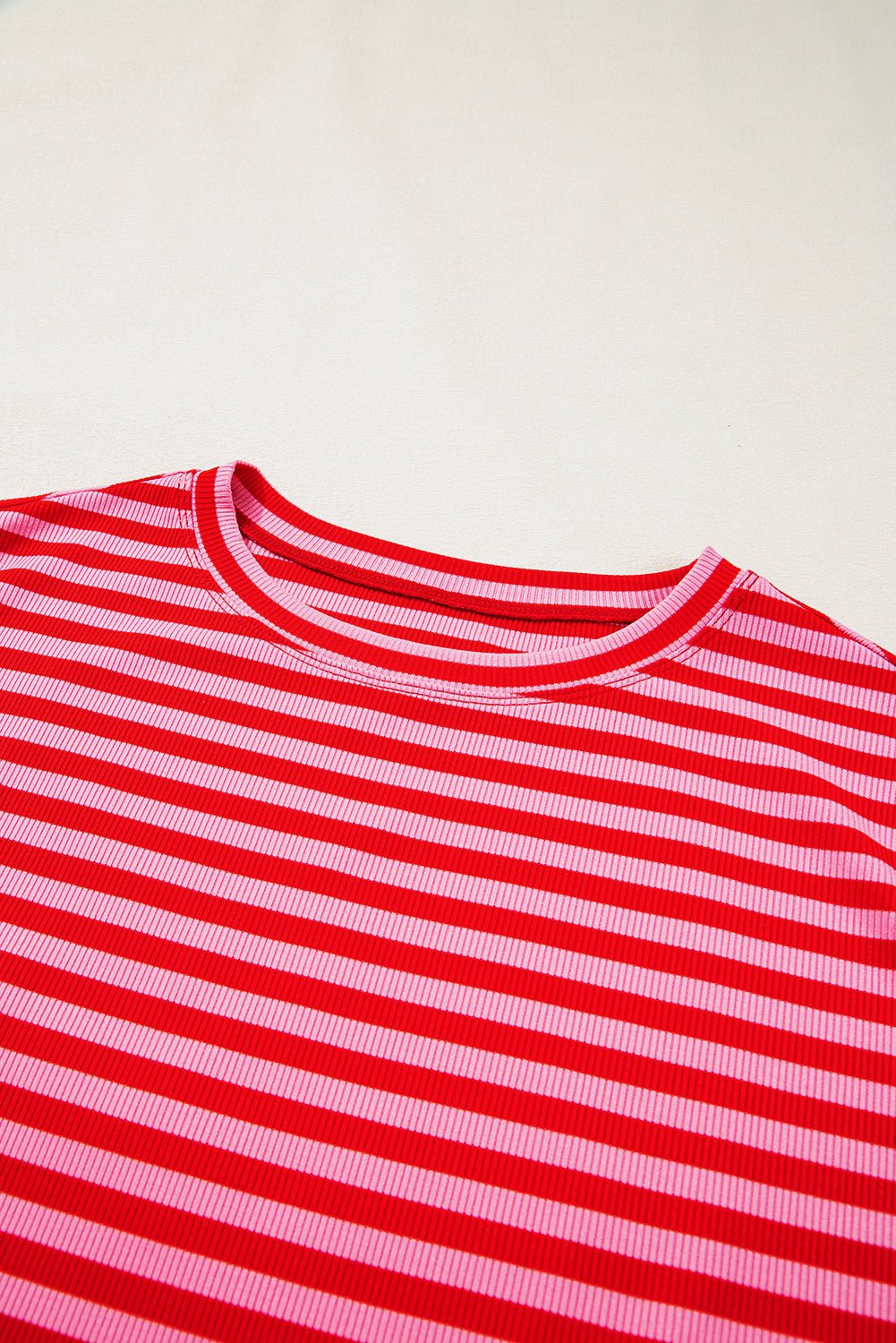Stripe Ribbed Cap Sleeve Round Neck T-Shirt