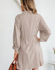 Stripe Tie Waist Puff Sleeve Mini Shirt Dress