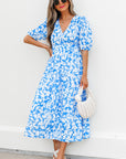 Floral V-Neck Puff Sleeve Flowy Maxi Dress