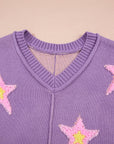 Star Textured V-Neck Drop Shoulder Oversized Sweater