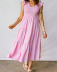 Smocked V-Neck Flutter Sleeve Tiered Midi Dress