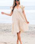 Floral Embroidered Pom Pom Ruffle Sleeve Dress