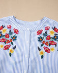 Floral Embroidered Stripe Billowy Sleeve Tunic Shirt