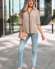 Stripe Leopard Trim V-Neck Buttoned Short Sleeve Shirt