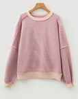 Stripe Patchwork Exposed Stitching Long Sleeve Top