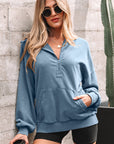 Solid Half-Zip Kangaroo Pocket Baggy Hoodie