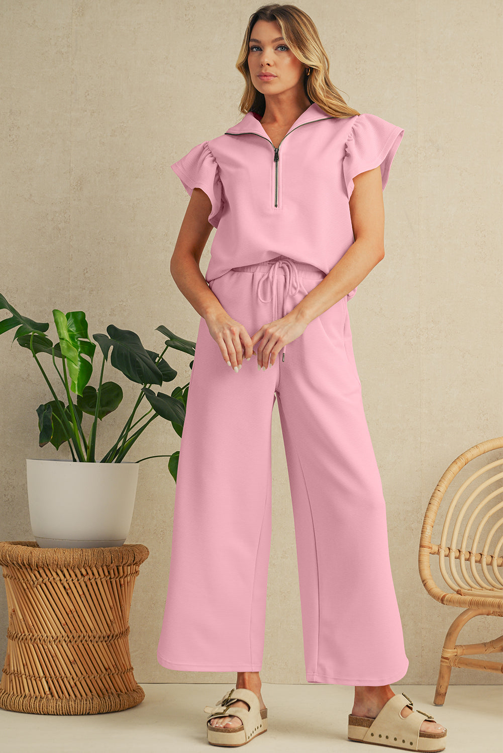 Textured Ruffle Sleeve Zipped Top and Wide Leg Pants Set