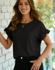 Solid Ribbed Knit Ruffle Short Sleeve T-Shirt