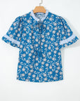 Floral Stripe Trim Tie-Neck Short Sleeve Blouse
