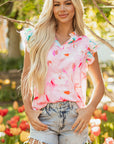 Floral Patchwork Notched Neck Flutter Sleeve Blouse