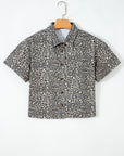 Leopard Denim Short Sleeve Button Up Cropped Shirt