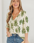 Boho Abstract Tie V-Neck Puff Sleeve Shirt