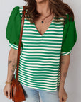 Stripe Patchwork Puff Short Sleeve V-Neck Blouse