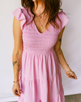 Smocked V-Neck Flutter Sleeve Tiered Midi Dress