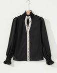 Leopard Trim V-Neck Puffy Flounce Sleeve Blouse