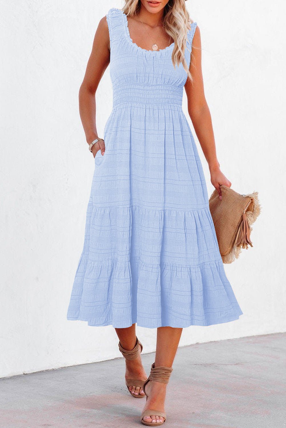 Shirred Pleated Square Neck Sleeveless Midi Dress