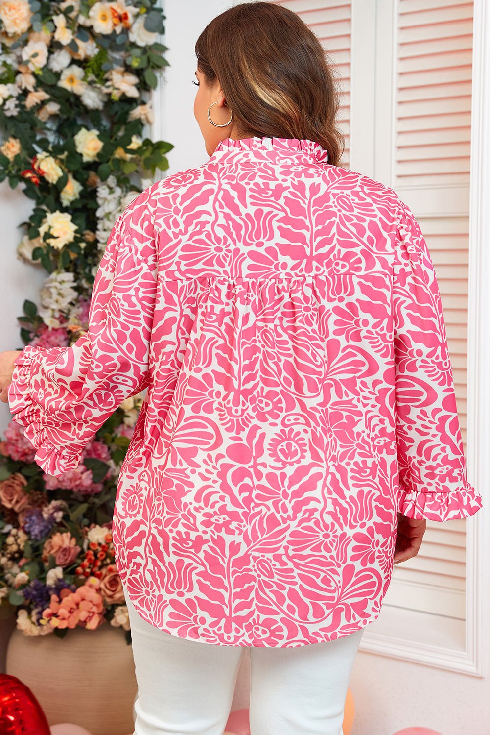 Alanna Plus Size Floral Frilled Neck Top