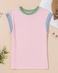 Colorblock Corded Knit Crew Neck Tee