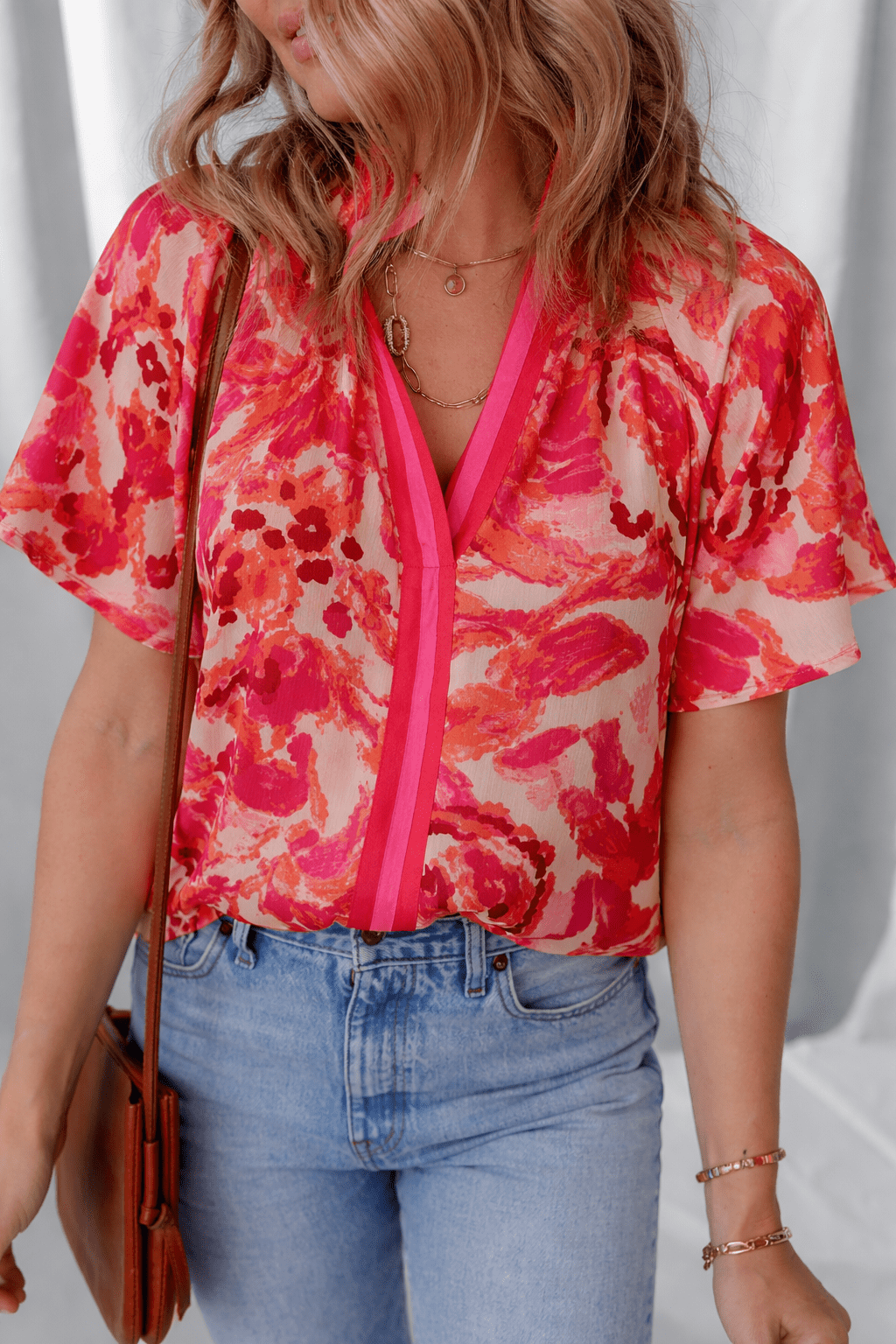 Rosalyn Print Striped Trim Blouse
